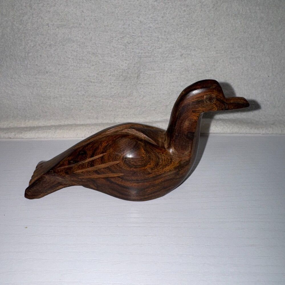 Vintage Wooden Duck Figurine Small Hand Carved Ironwood Decor Solid Wood